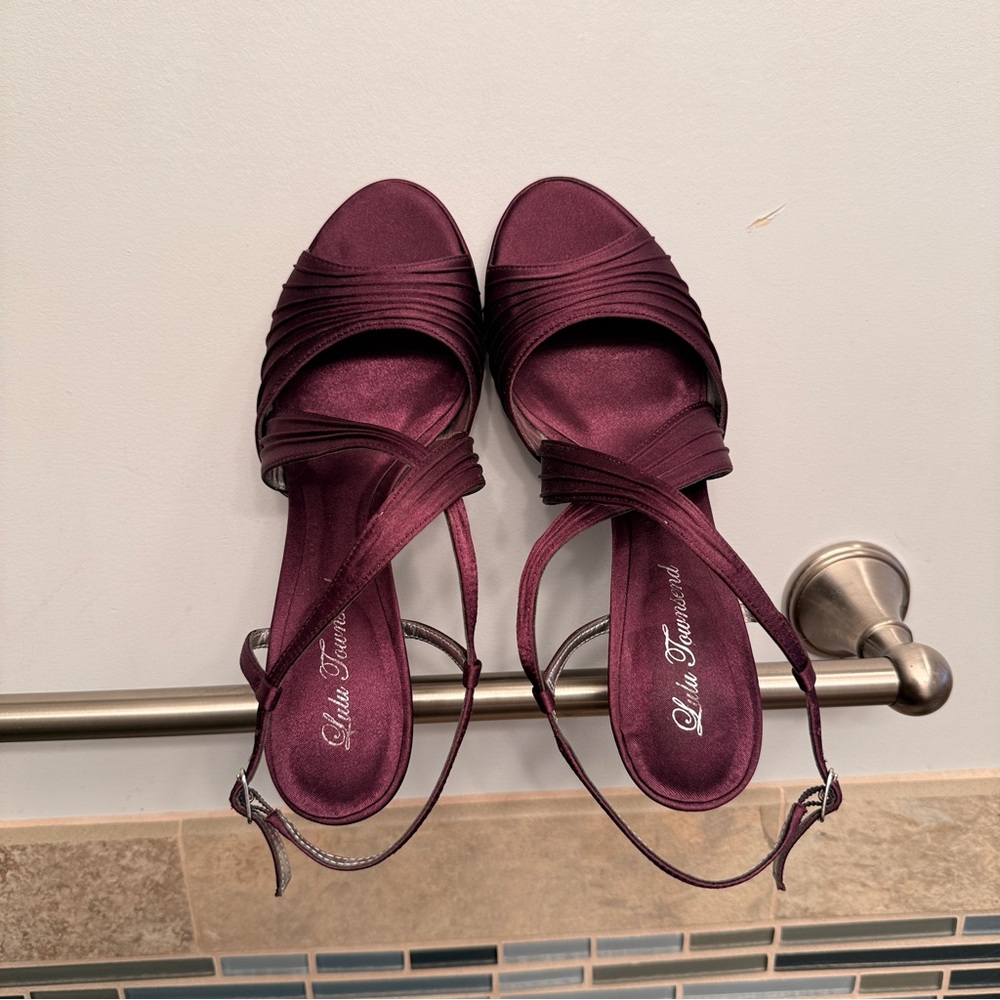 Lulu Townsend Satin Open-Toe Strappy Heels in Deep Wine